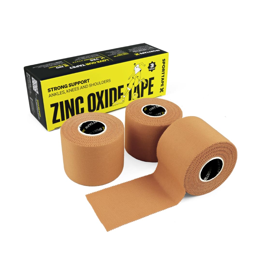 3 Rolls SPORTTAPE Tan Zinc Oxide Tape 5cm x 10 m – Rigid Rayon Strapping for Knee, Shoulder, Elbow & Joint Support | Strong Adhesive Athletic Tape for Rugby, Football, Physio