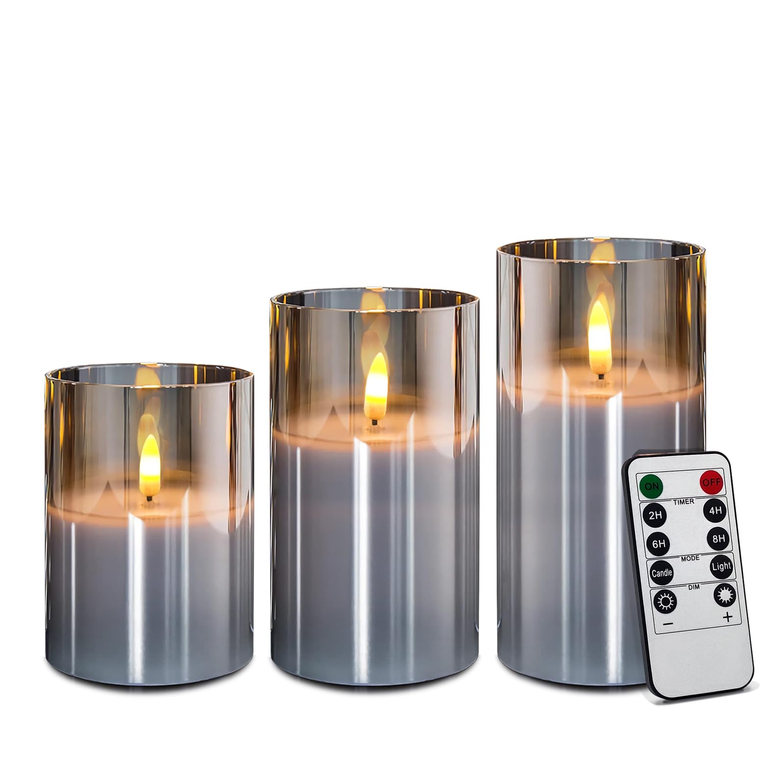 Photo 1 of Rikiss Grey Glass Flameless Candles with Remote Control and Timer,Battery Operated Flickering LED Pillar Candles Real Wax Wick ? 3" H 4" 5" 6"