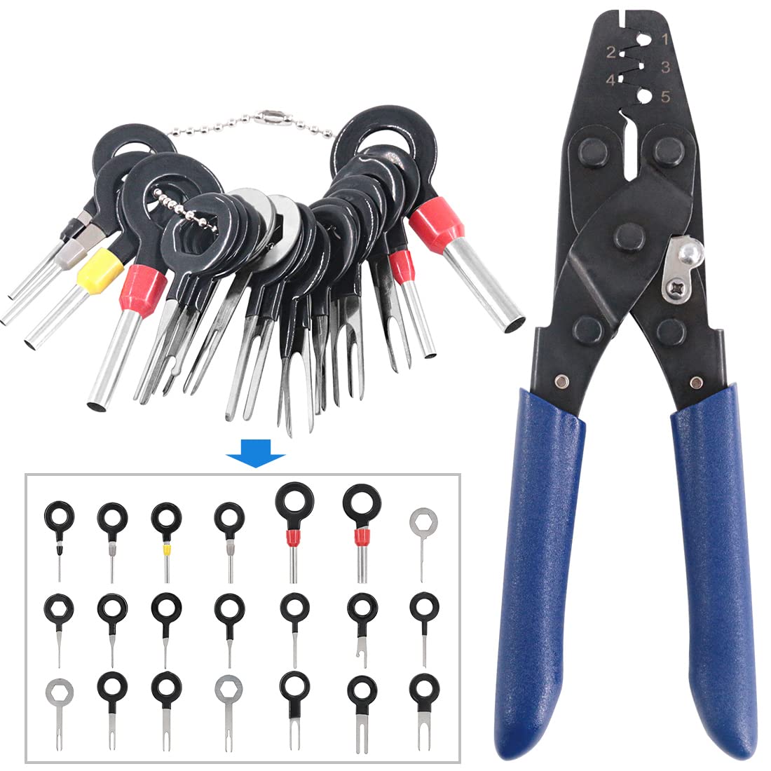 Glarks Pin Terminals Tool Set, A Crimper Tool and 21Pcs Pin Terminals Removal Key Tools for Car Auto Wire Connector Terminal Pin Crimping and Extractor Puller Remover Repair