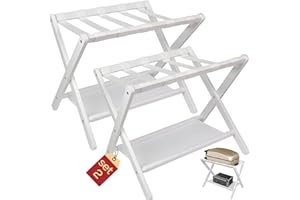 BETSEO Luggage Rack (Pack of 2) Folding Suitcase Stand with Storage Shelf, for Guest Room, Suitcase Stand, Hotel, Bedroom, Heavy-Duty, Holds up to 130 lbs, Upgraded Wood Foldable Suitcase with 5 Nylon Straps (White - Pack of 2)
