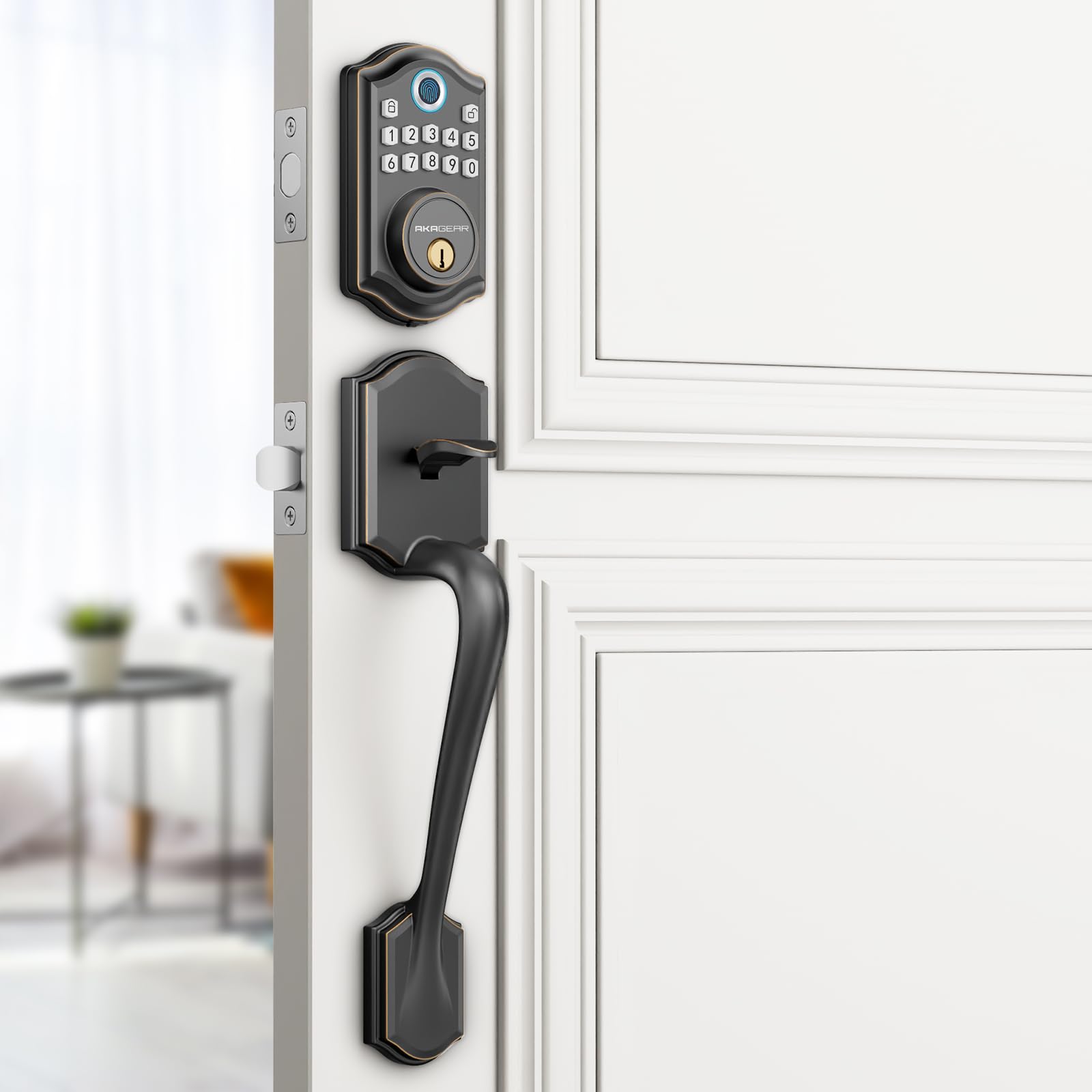 Photo 1 of AkaGear DS10 Keyless Entry Door Locks - Keypad Lock with Handle Set, Fingerprint Deadbolt, Smart Locks for Front Doors, Auto-Lock & One Touch Locking, 2 Keys, Easy Installation - Oil Rubbed Bronze
