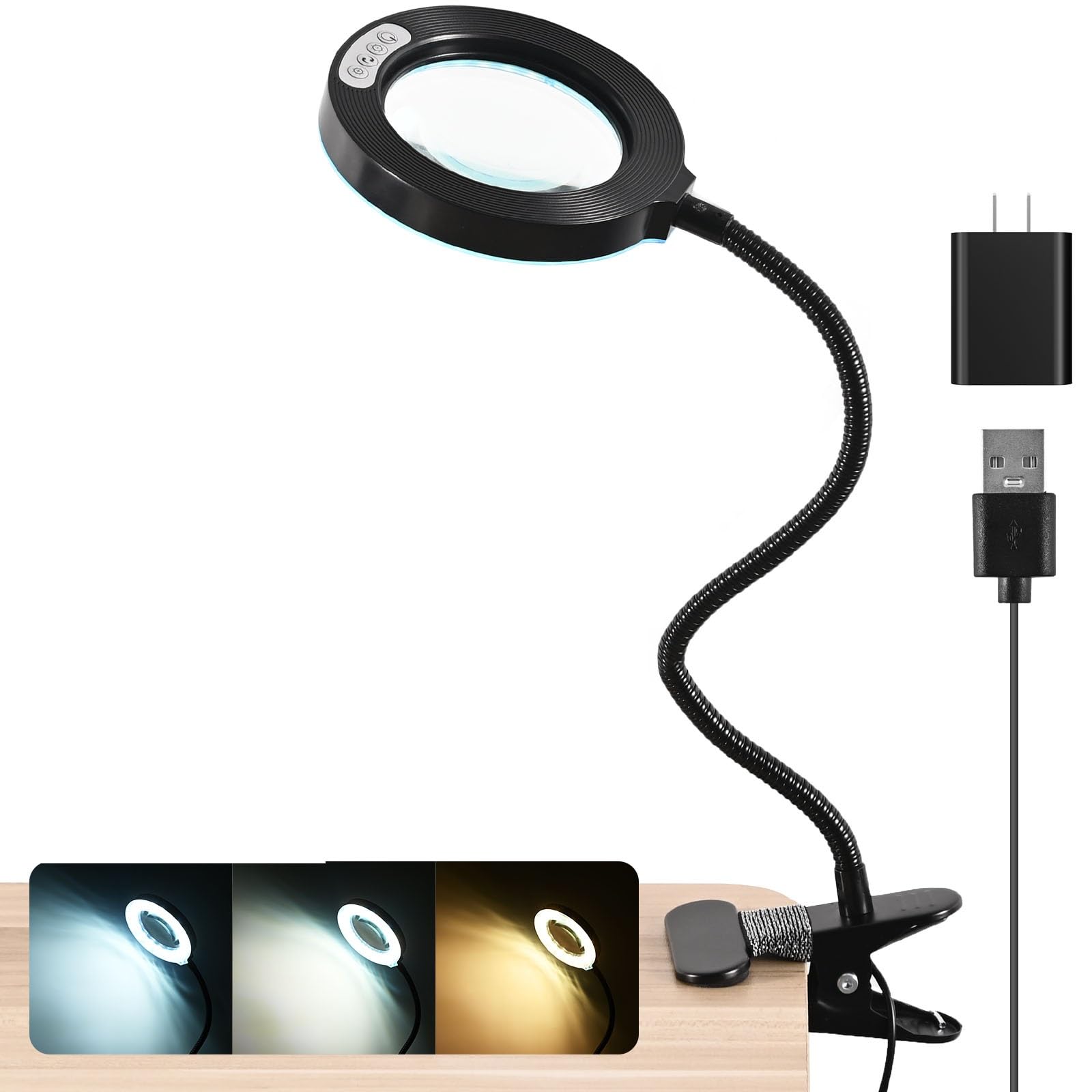 Photo 1 of 10X Magnifying Glass with Light and Timer, 2 in 1 Magnifying Desk Lamp, 3 Color Modes 10 Dimmable Brightness, Flexible Gooseneck Magnifier with Light for Craft Hobby Painting Sewing Close Work