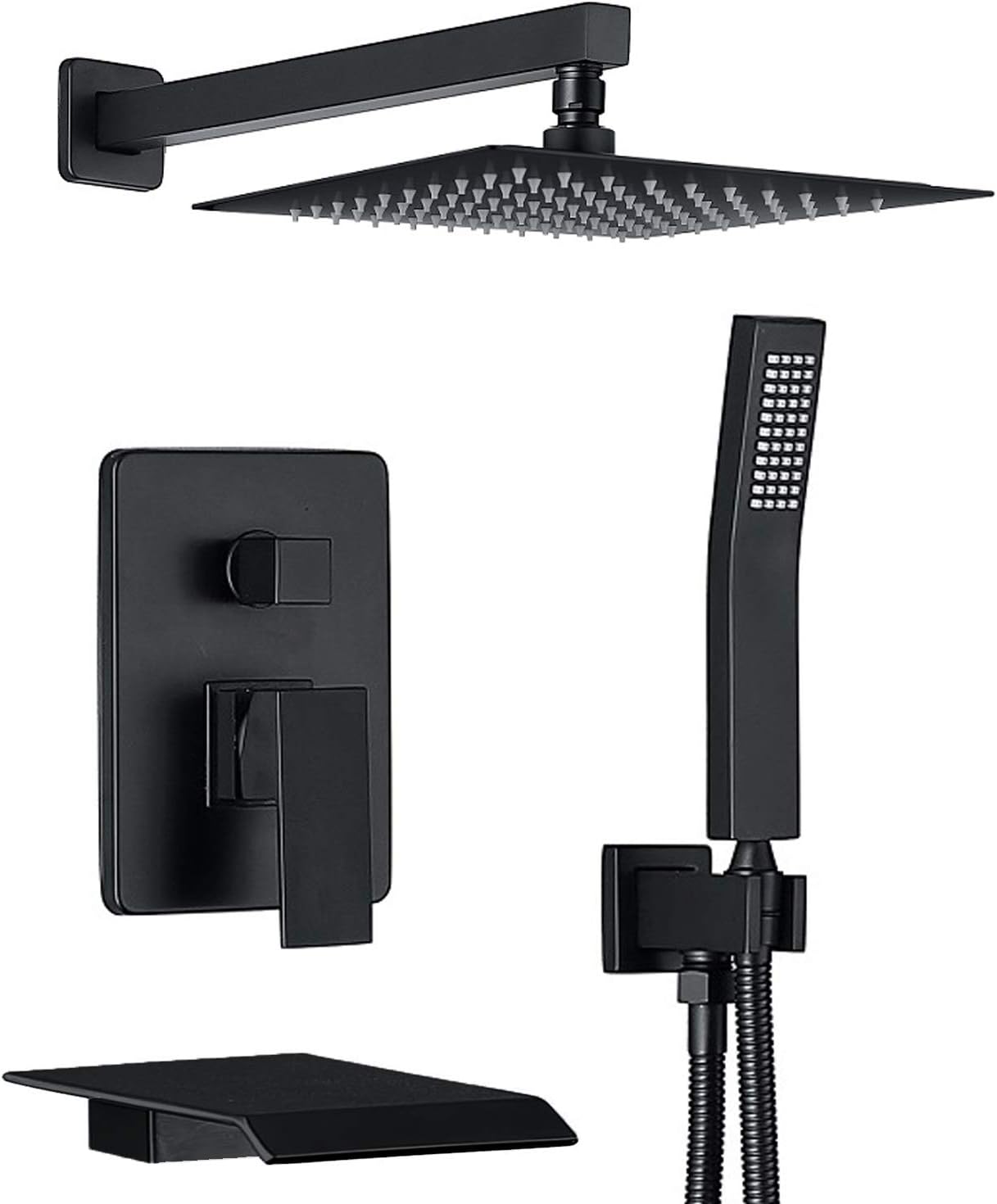 CHING Shower System Matte Black Wall Mounted Shower Faucet Set with Waterfall Tub Spout and 10