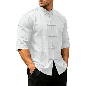 Mens Cotton Linen Kung Fu Shirt Traditional Chinese Tang Suit Vintage 3/4 Sleeve Frog Buttons Lightweight Jacket