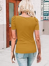 Valphsio Womens Puff Short Sleeve Top Ribbed Knit