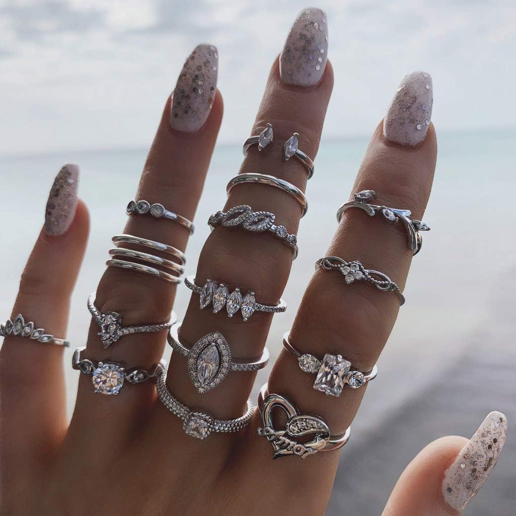 Graeen Knuckle Rings Heart Stackable Ring Leaf Finger Ring Set Silver Stacking Rings for Women and Girls(Pack of 15)(Style 3): Clothing