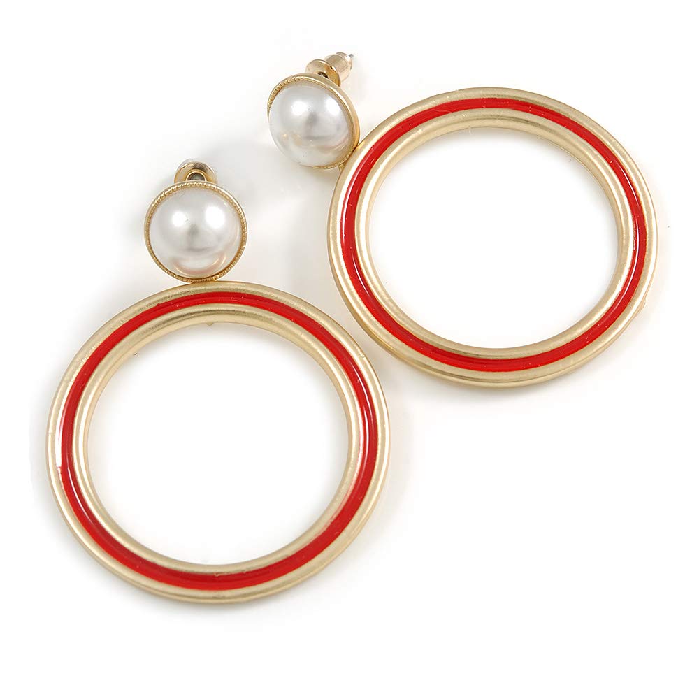 50mm Long/Hoop Earrings with Red Enamel and White Faux Pearl Bead/Gold Tone