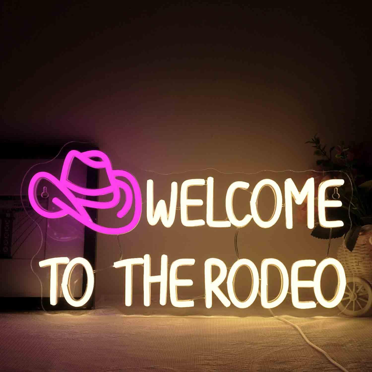 Ineonlife Welcome To The Rodeo Neon Sign, Western Cowboy Hat Neon Light for Wall Decor, Pink Warm White Neon Lights, Dimmable Led USB Light Up Signs for Living Room Man Cave Bar Recreation Room Decor — image 1