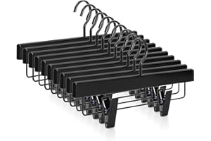 TOPIA HANGER Black Wooden Pants Hangers, Wood Skirt Hangers with Clips, Deluxe Jeans Hanger with 360° Swivel Anti-Rust Flat H