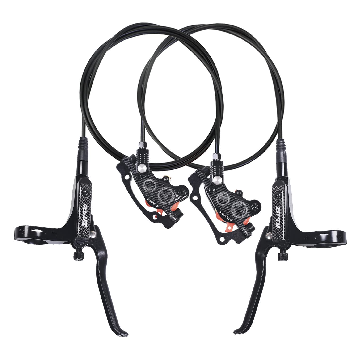 ThinkTop Bike 4 Piston Hydraulic Disc Brake, CNC Machining MTB Bicycle Oil Pressure 4 Piston Driving Brake Caliper, Left (Front) 800/Right (Rear) 1400mm (Black)