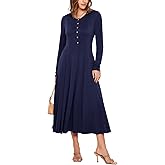 Glamaker Womens Long Sleeve Dress - 2025 Trendy Fashion Crew Neck Button Down Fit & Flare Fall Midi Dresses with Pockets