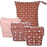 babygoal Reusable Swim Diapers with Wet Bag 4 Pack - Adjustable Water Diapers for 0-8M Baby Boy and Girl Swimming Lessons-Boho Design