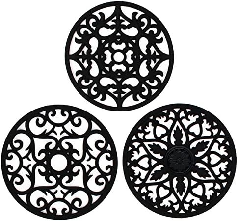 Silicone Trivet Mat, IPHOX Set of 3 Multi-Use Intricately Carved Hot Pot Trivets for Hot Dishes, Kitchen Mats, Table Mats, Insulated Flexible Non-Slip & Heat Resistant Dish Mats and Coasters (Black)