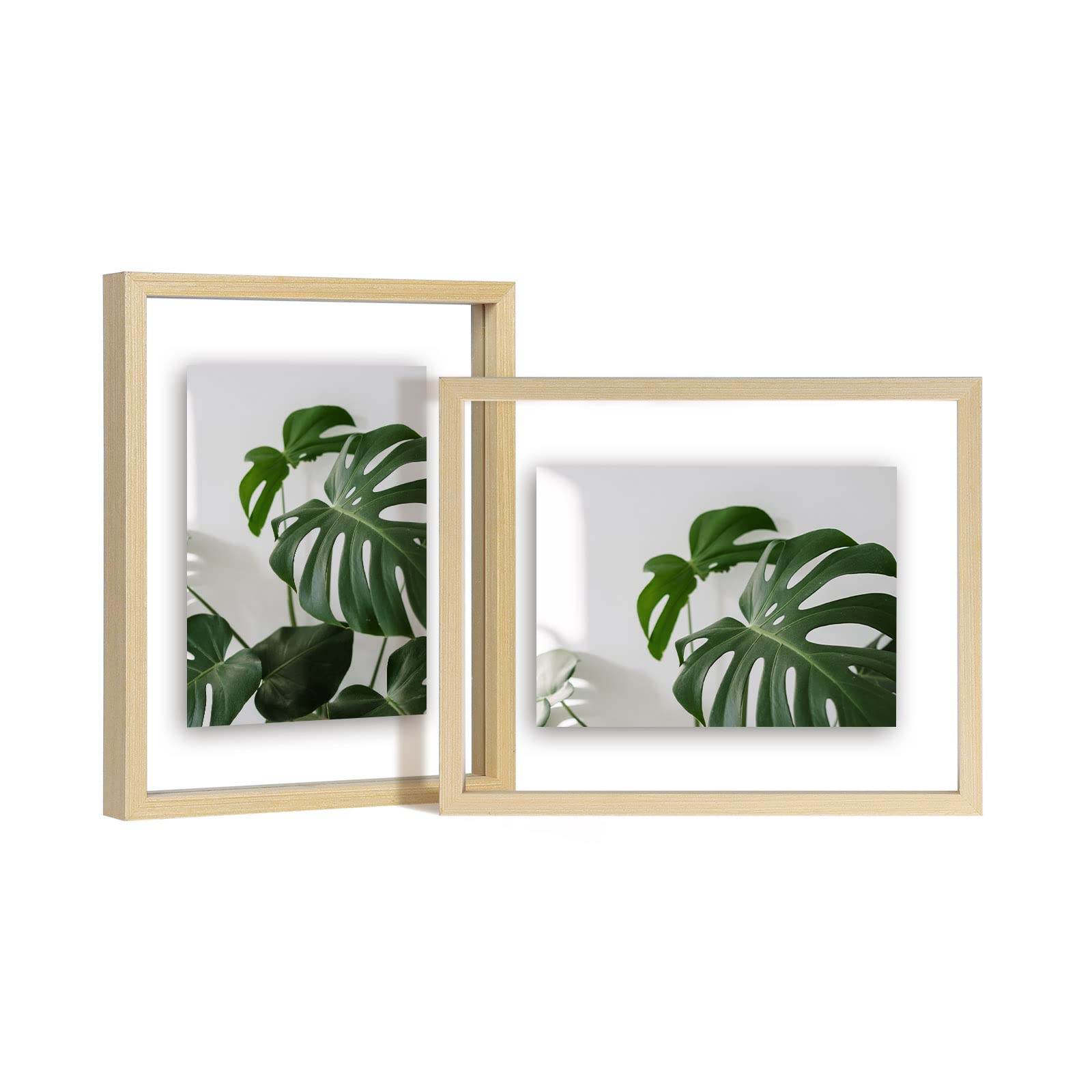 EGOFINE 10x8 Floating Frames Set of 2, Double Acrylic Glass Picture Frame, Made of Solid Wood Display Any Size Photo up to 10x8, Wall Mount or Tabletop Standing, Natural Wood