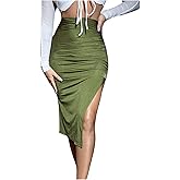 Floerns Women's Solid High Waisted Ruched Split Thigh Bodycon Midi Skirt