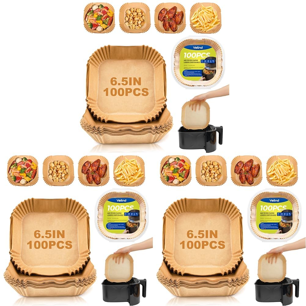 Air Fryer Paper Liners Disposable: 100PCS Non-Stick Air Fryer Parchment Paper, Food Grade Baking Paper for Baking Roasting Microwave (6.5IN-Square) (Pack of 3) Image