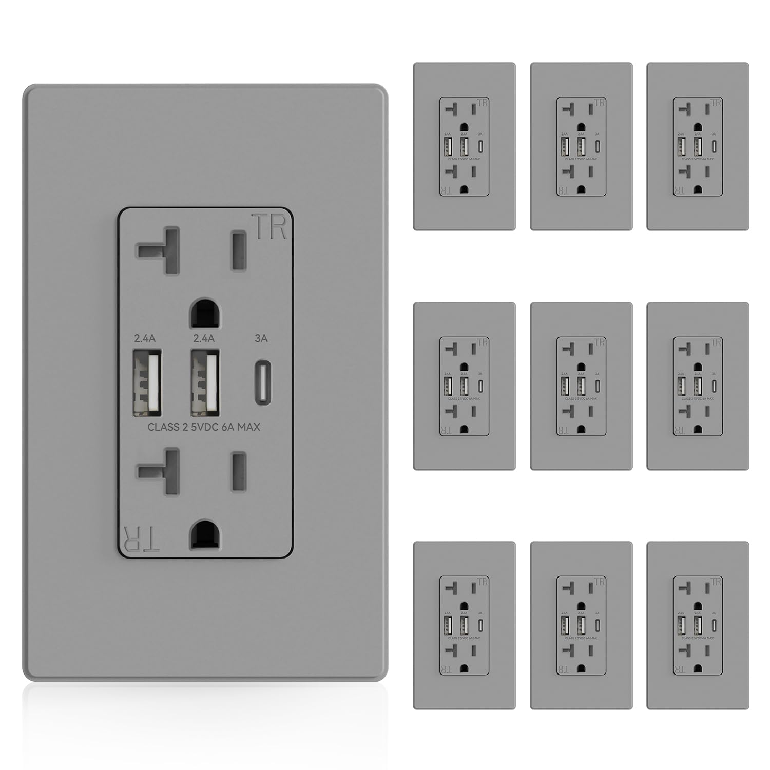 ELEGRP USB Outlets Receptacles, 3-Port Wall Outlet, 30W 6.0A Electrical Outlet, 20 Amp Tamper-Resistant Outlet with Type C Ports, UL Listed, Wall Plate Included, 10 Pack, Matte Gray Image