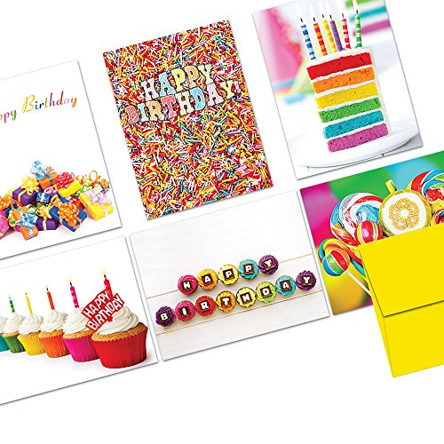 72 Birthday Cards - Colorful Birthday - 6 Designs - Yellow Envelopes Included