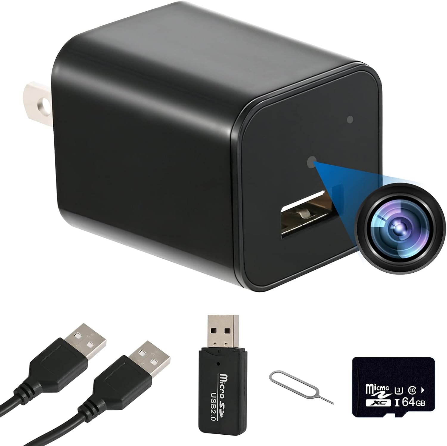 Hidden Camera Charger for Home Security, Mini Spy Camera with Upgraded 64GB U3 SD Card, 1080P Full HD Hidden Nanny Cam, No WiFi USB Charger Surveillance Camera, Indoor Pet Dog Body Camera