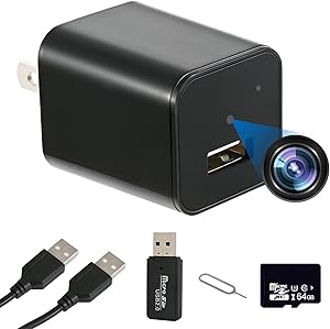 Hidden Camera Charger for Home Security, Mini Spy Camera with Upgraded 64GB U3 SD Card, 1080P Full HD Hidden Nanny Cam, No WiFi USB Charger Surveillance Camera, Indoor Pet Dog Body Camera