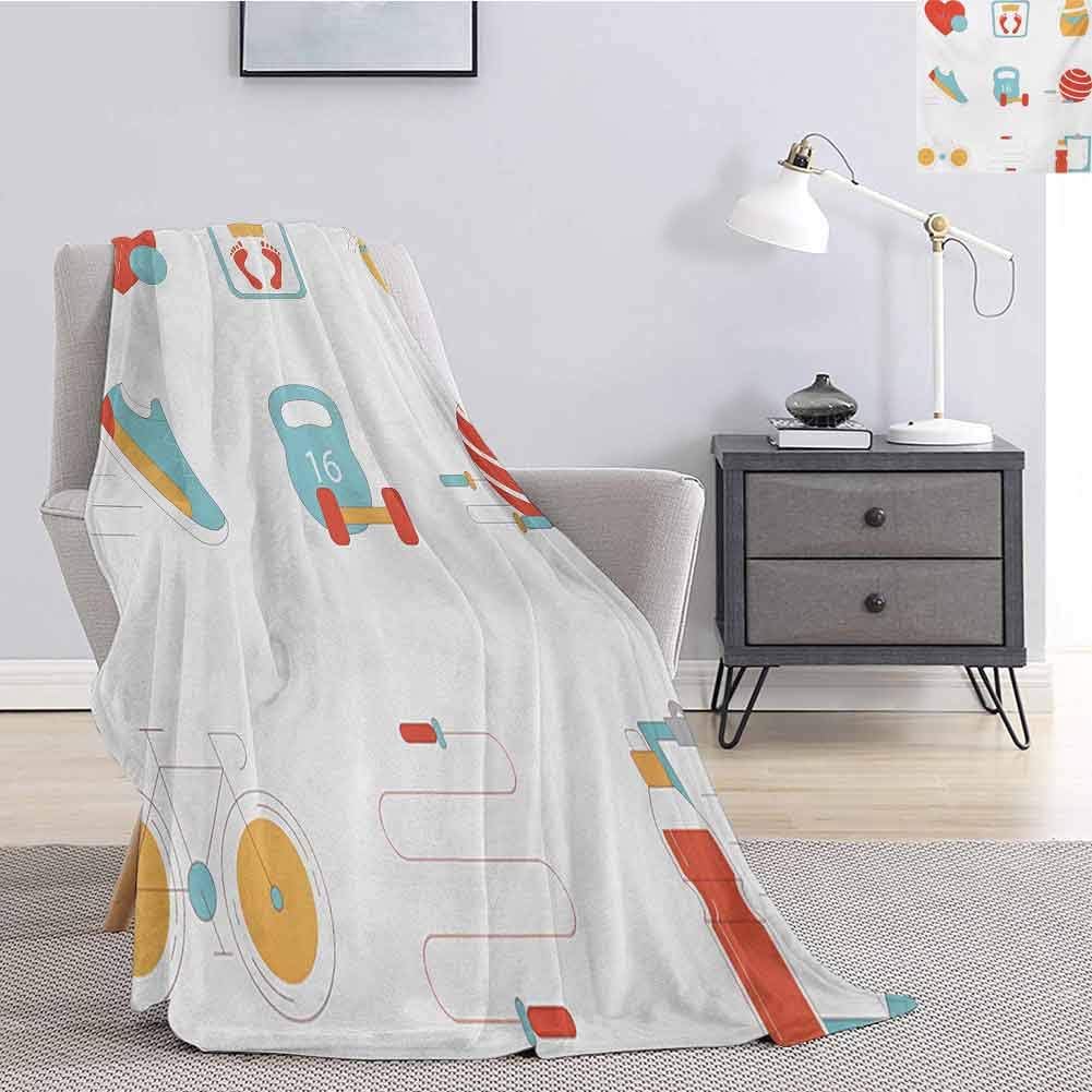 Fitness Bedding Microfiber Blanket Slimming Losing Weight Themed Icons Tape Measure Jogging Bicycle Rope Super Soft and Comfortable Luxury Bed Blanket W91 x L60 Inch Pale Blue Red White
