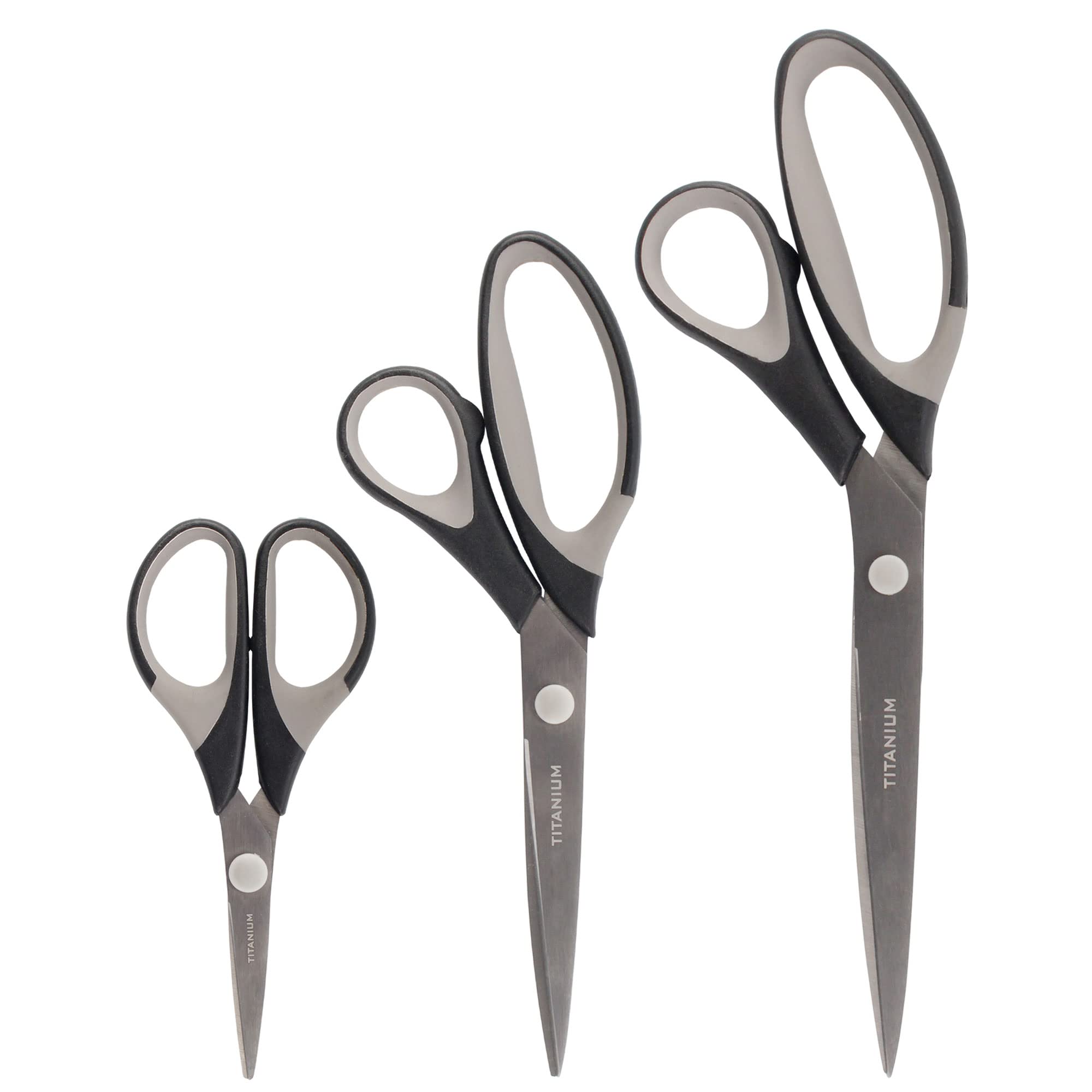 BambooMN Titanium Softgrip Scissors Set for Sewing Arts Crafts Office - Jubilee Yarn - 1 Set of 3 - Black W/Dark Gray Inlays