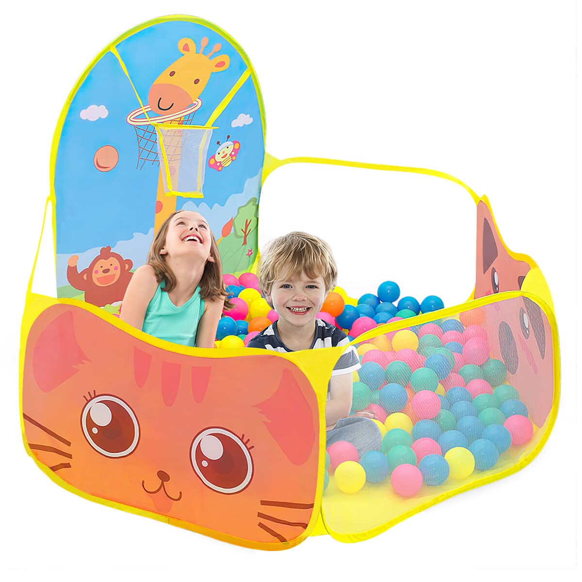 Ruspela Children Pop Up Folding Cartoon Play Tent Pit Pool with Basketball Hoop Pink