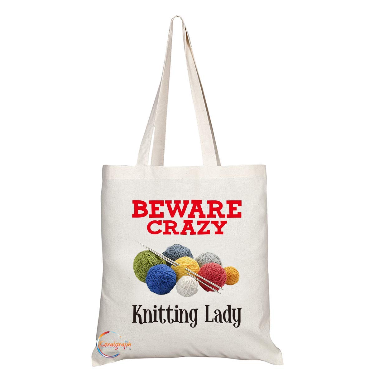 Coralgraph Inc TB353 Beware Crazy Knitting Lady Novelty Present Gift Printed Eco-Friendly Stylish Long Handled Tote Shoulder Bag