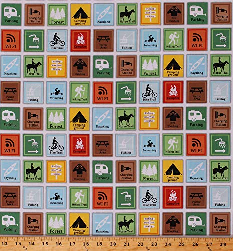 Cotton Camping Campground Signs Tenting Hiking Outdoor Recreation Activities Vacation Happy Camper Cotton Fabric Print by The Yard (1333-1)