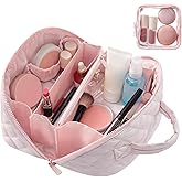 Makeup Bag Travel Toiletry Bag, Puffy Padded Make Up Bags for Women, Waterproof Cosmetic Organizer, Makeup Organizer Wide-open Pouch Purse, Travel Essentials for Toiletries Accessories Storage (Pink)