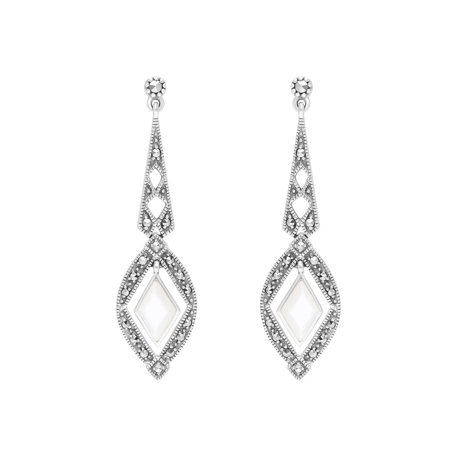 Esse Marcasite Sterling Silver Mother of Pearl and Marcasite Art Deco Drop Earrings