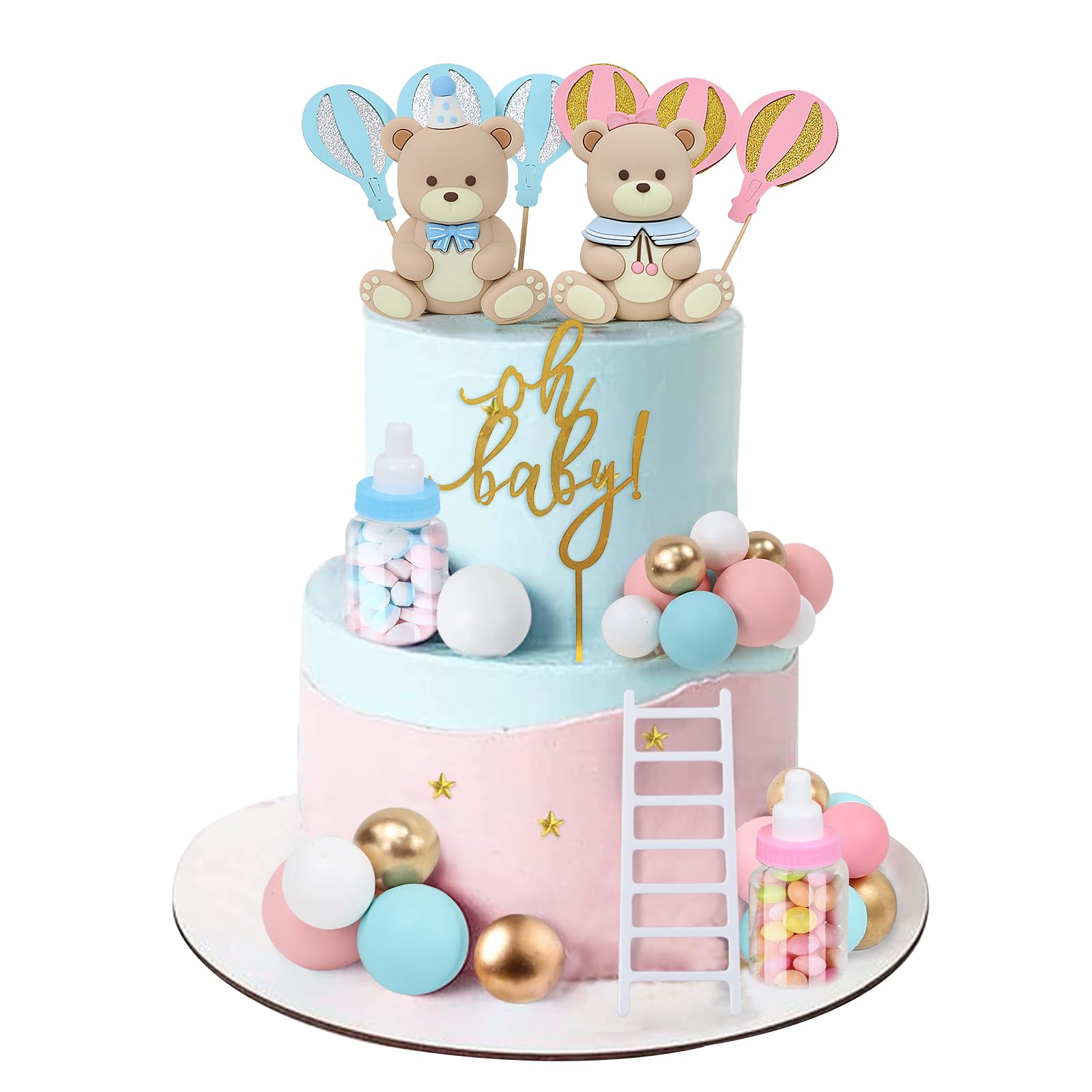 Photo 1 of Acmee 32PCS Bear Gender Reveal Cake Toppers - Mini 3D Blue Pink Bear Milk Bottle Gold Balls Oh Baby Cake Decorations for Boy or Girl He or She Gender Reveal Baby Shower Birthday Party