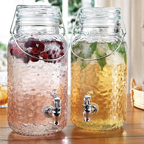 Palais Glassware Clear Glass Beverage Twin Dispenser with Bail & Trigger Locking Lid - 1 Gallon Each, (Hammered Design)
