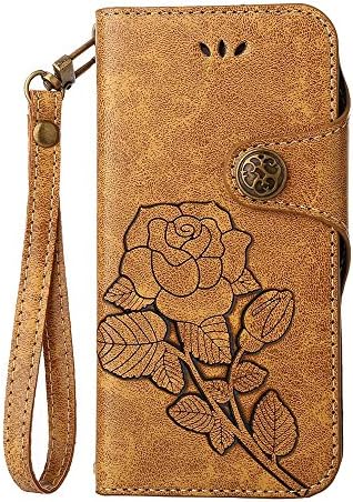 COOSTORE Moto E4 Plus (EU Model) Case, Retro Embossed Rose Florals PU Leather Flip Case Magnetic Wallet with Card Slots +Detachable Wrist Strap Case Design for Motorola Moto E4 Plus,Khaki