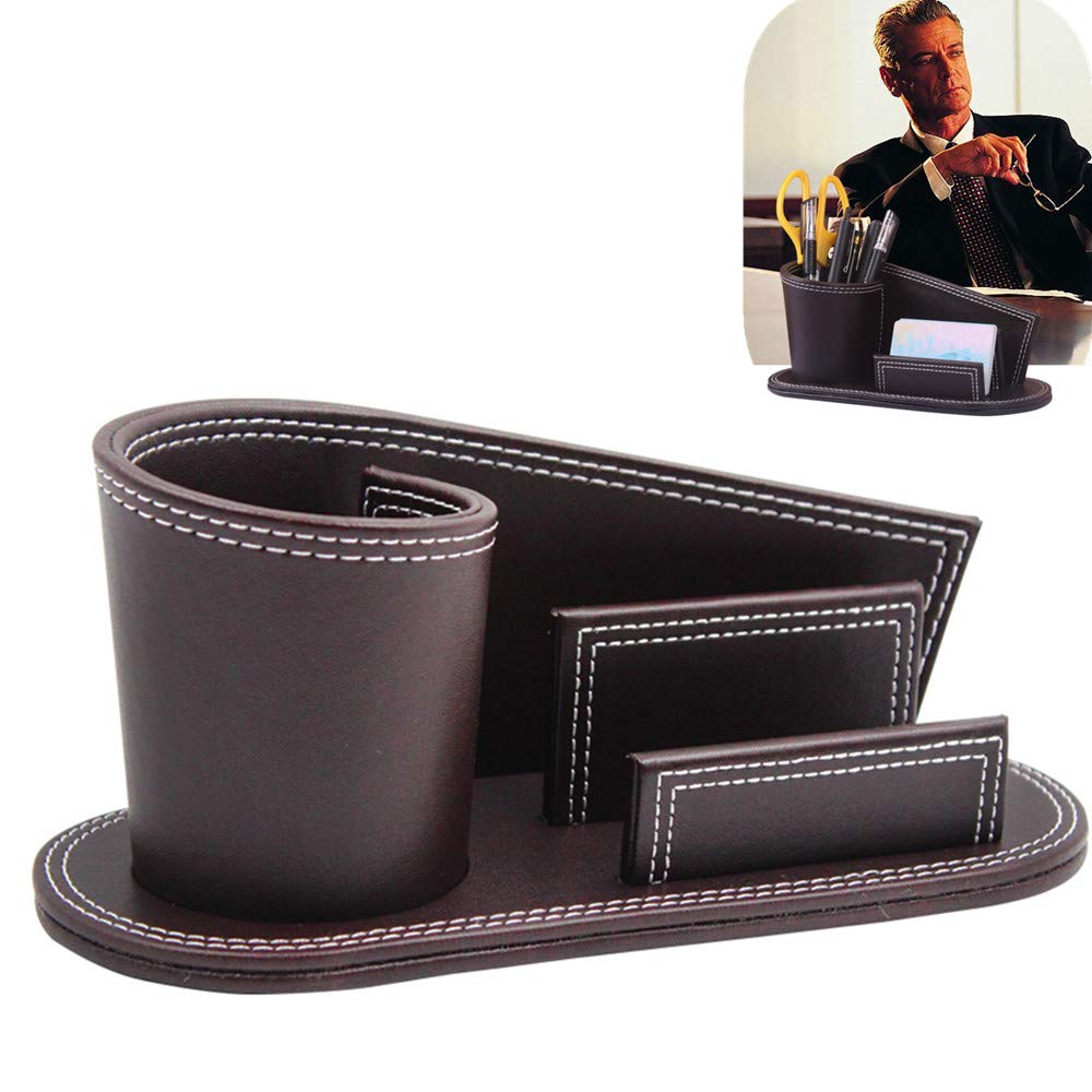 Faux Leather Pen Pot, Irregular Desk Organiser With Business Card Holder Office Desktop Pen Holder Creative Desk Tidy Stationery Storage Box Luxury Desk Supplies Organizer Makeup Brushes Holder