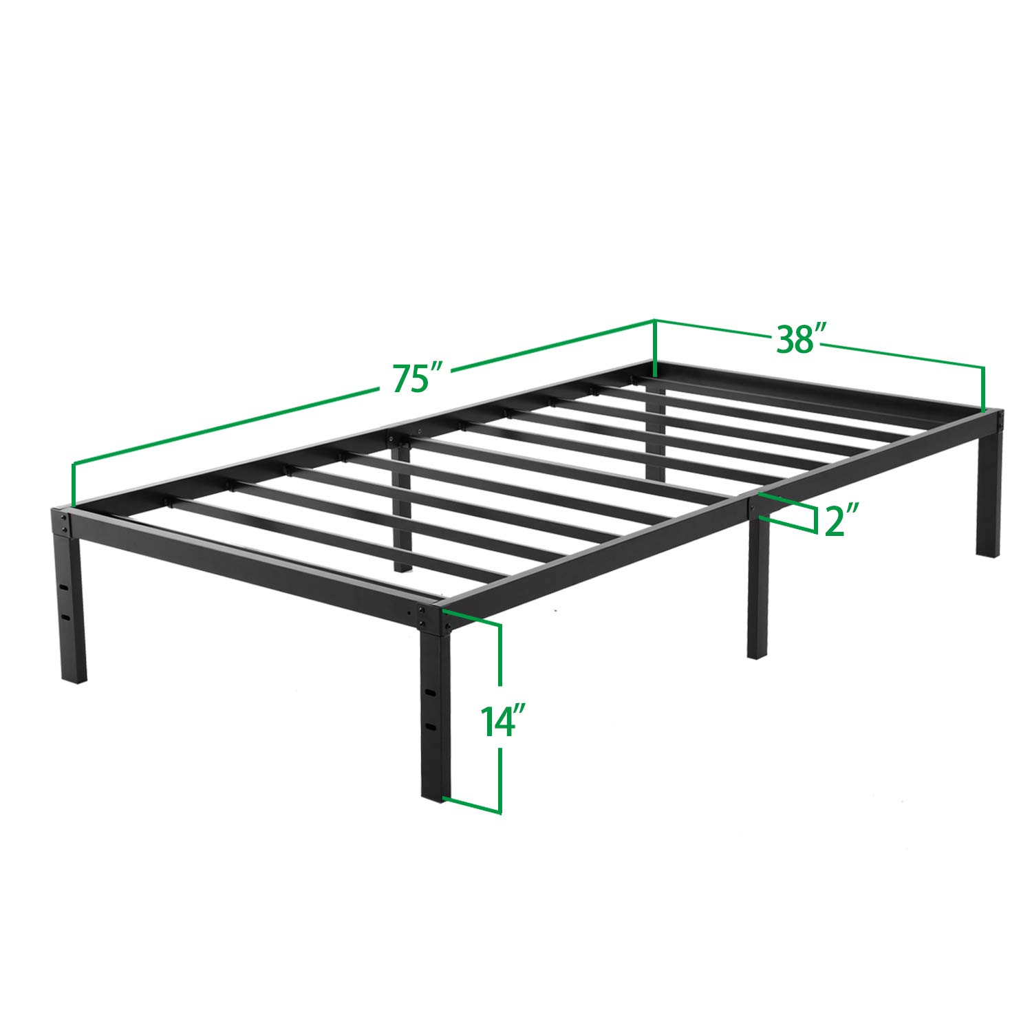 Noah Megatron 14 Inch Heavy Duty Metal Platform Bed Frame / Non-Slip, Black, Twin
