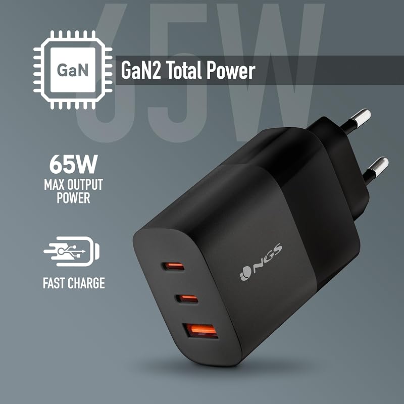 Carregador de parede Bud 65W - 65W GAN, 3 portas: 2 USB-C + USB-A