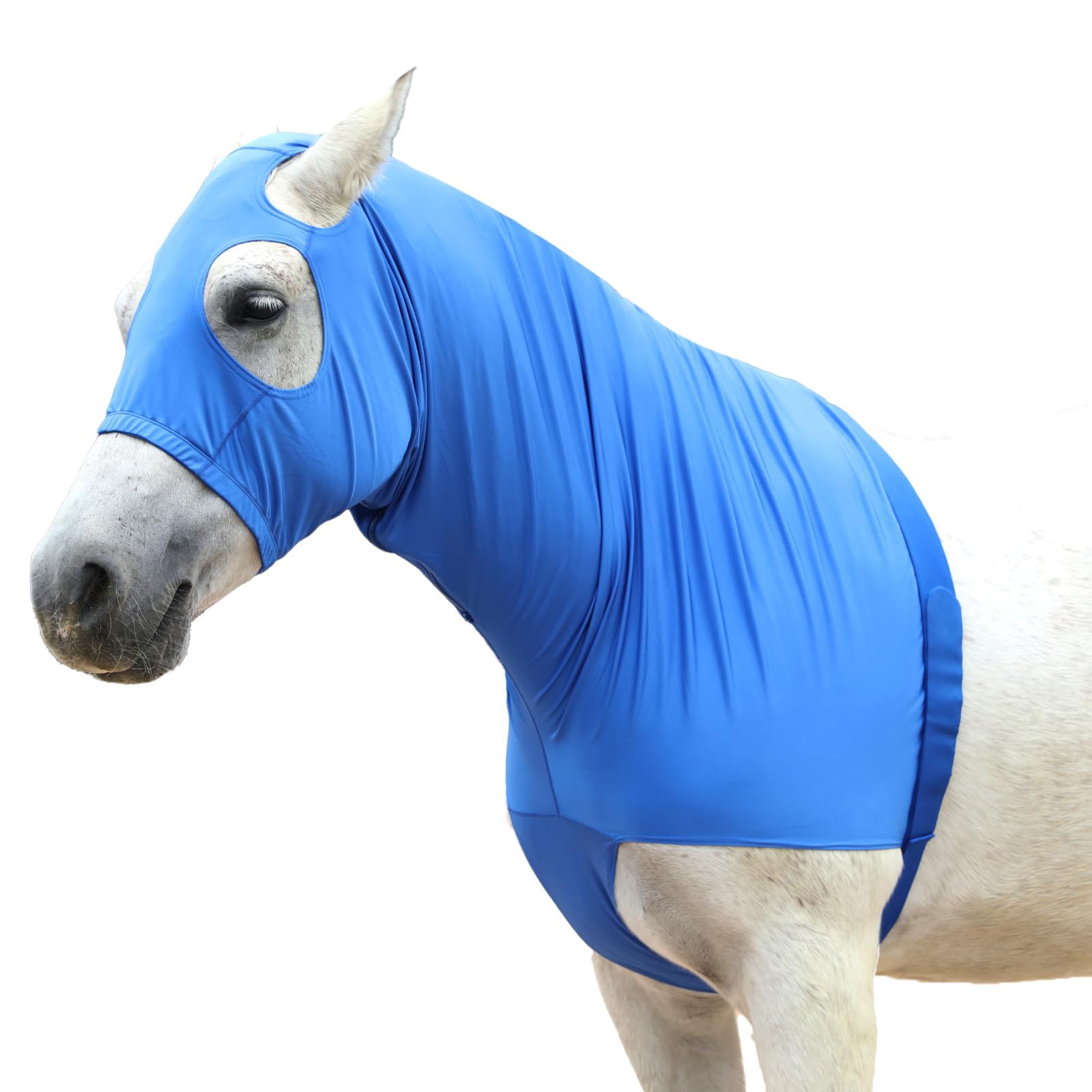 Horse Stretch Hood with Zipper, Full Face & Neck Cover for Sweet Itch Protection – Mane Braid Shoulder Guard & Fly Shield Blue Small