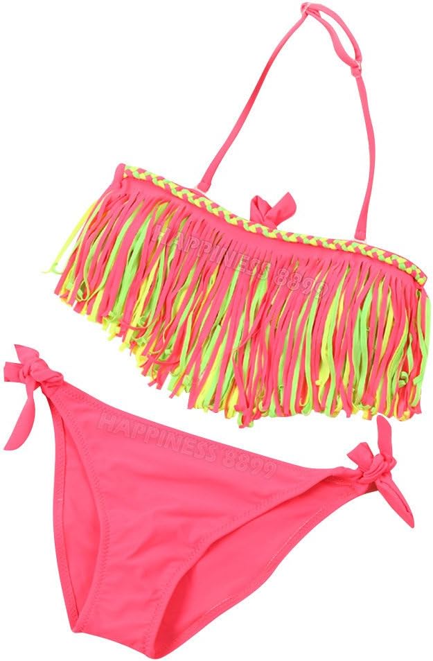 Girls 2 Pieces Summer Tassel Nylon Swimsuit Bikini Set Kids Baby 3-12 Year Old Swimsuit