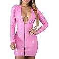RINTONIX Women's Sexy Deep V Neck Faux Leather Club Dress Long Sleeve Wet Look Bodycon Party Dress Zip Up Clubwear Dress