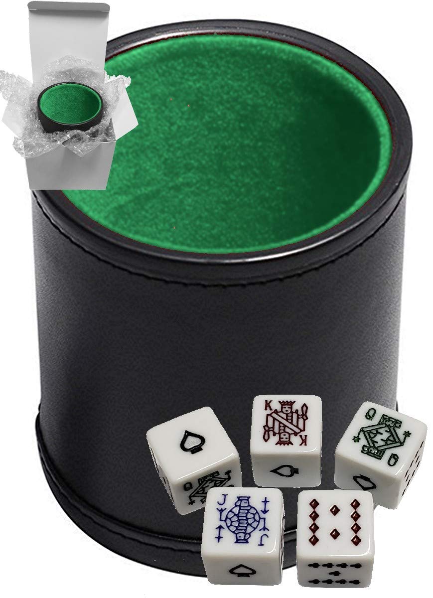 Set of 16mm Poker Dice Squared Corners and Black PU Leather Dice Cup Plush Velvet Lined - Gift Boxed (Poker (Spades Ace) White, Black/Green Cup)