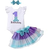 Highnesson-ww Baby Girls 1st First Birthday Outfits Romper TuTu Skirt Set with Sequins Bowknot Headband 3Pcs