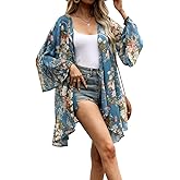 olrain Women Floral Print Bell Sleeve Kimono Cardigan Lightweight Open Front Cover Up Loungewear Cape for Summer