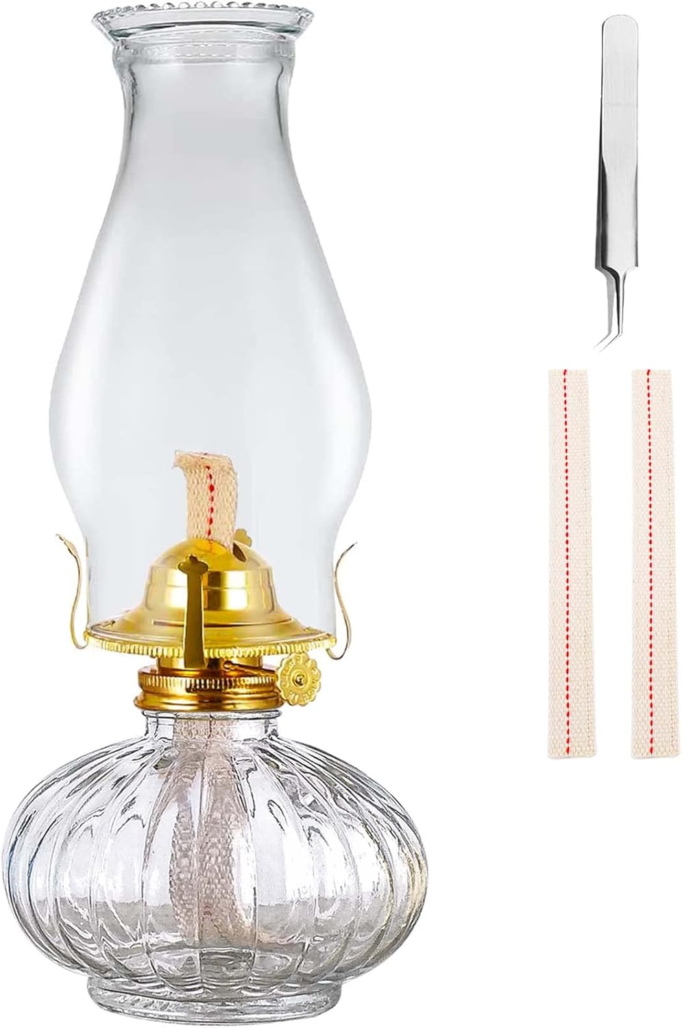 Oil Lamps & Accessories - Large Oil Lamp for Indoor Use,Rustic Kerosene Lamp with 2 Pcs Wicks and 1 Tweezers,Glass Hurricane Lantern for Home Emergency Lighting (Clear)