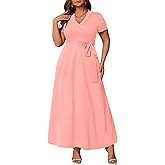 Runwind Women’s Plus Size Maxi Dress Short Sleeve Casusl Summer Long Dress Solid V-Neck Dresses