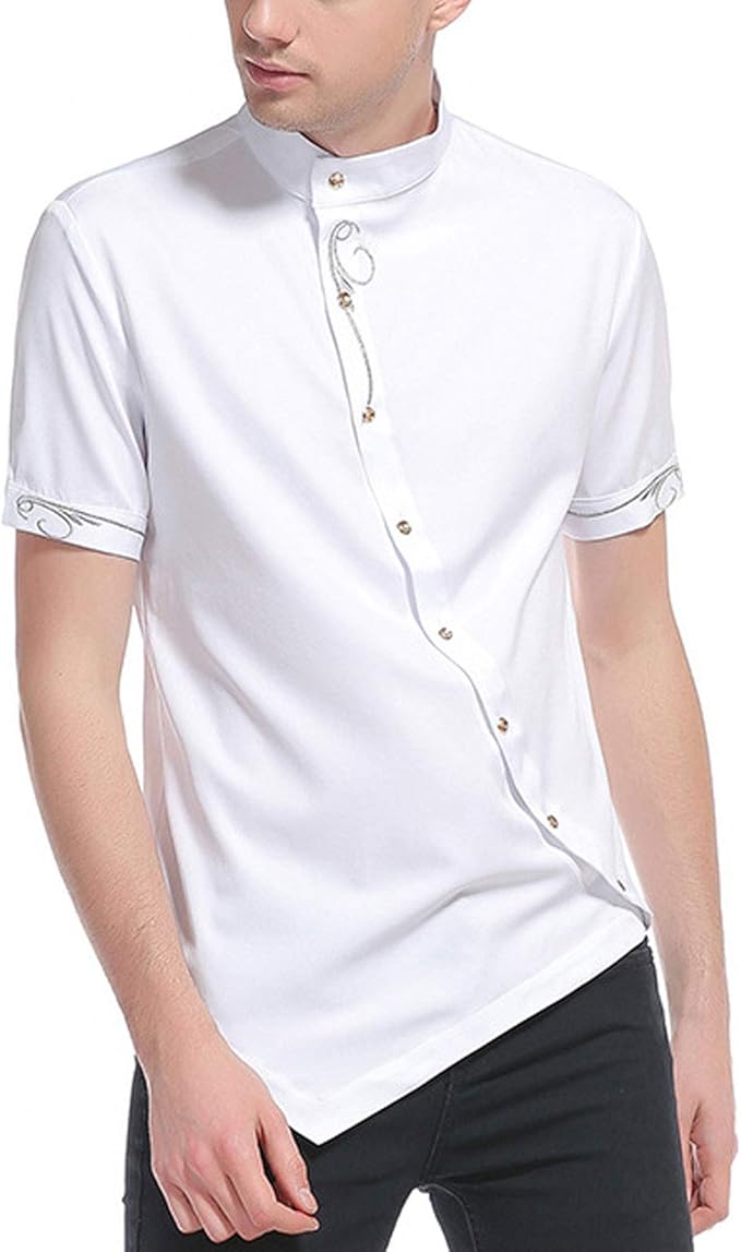Stand Collar Men Shirts, Solid Color Asymmetry Men Casual Shirt with