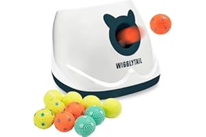 WIGGLYTAIL Automatic Ball Launcher for Dogs, Dog Fetch Ball Thrower Launcher, 4 Adjustable Distances, Interactive Pet Self Playing for Small Dogs and Puppies with 10 Balls (2 inches)