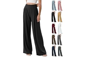chaktkglok Wide Leg Pants for Women Elastic Waist Stretchy Palazzo Pants Trousers Flowy Lightweight Summer Pants with Pockets