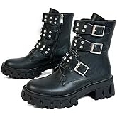 MEOTINA Platform Goth Boots for Women Chunky Heel Lace Up Ankle Boots Black Combat Boot Rave Booties with Zipper Buckle Gothic Shoes