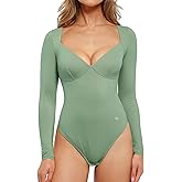 Popilush Long Sleeve Body suits for Women Thong Shapewear Bodysuit Tummy Control V Neck Shirt Going Out Tops